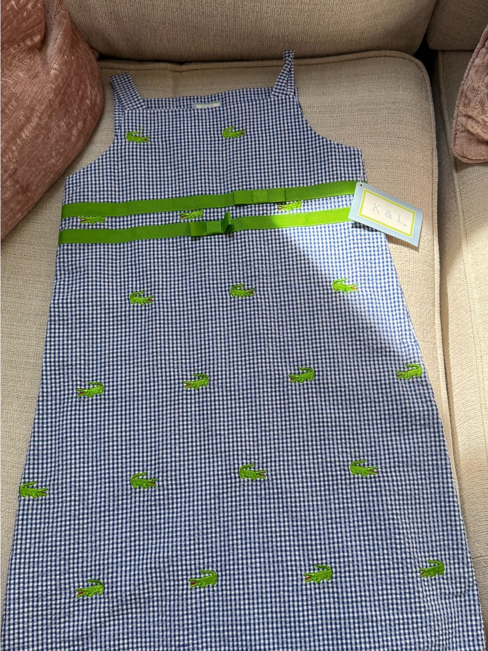 Kids Blue Gingham Dress with Green Crocodile Embroidery. Alligator dress.